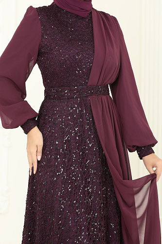 moda selvim Evening Dress 2819ELC1143 Damson - Thumbnail