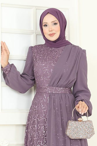 moda selvim Evening Dress 2819ELC1143 Dark Lilac - Thumbnail