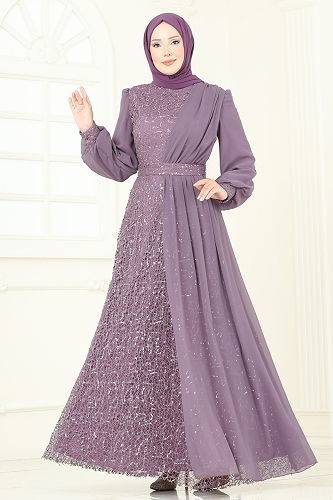 moda selvim Evening Dress 2819ELC1143 Dark Lilac - Thumbnail