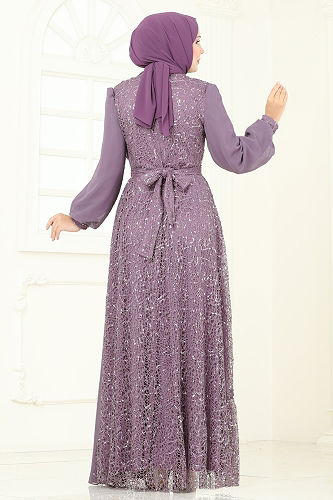 moda selvim Evening Dress 2819ELC1143 Dark Lilac - Thumbnail
