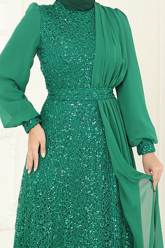 moda selvim فستان سهرة زيتي 2819ELC1143 - Thumbnail