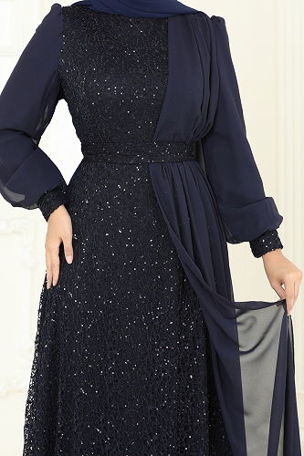 moda selvim Evening Dress 2819ELC1143 Navy Blue - Thumbnail