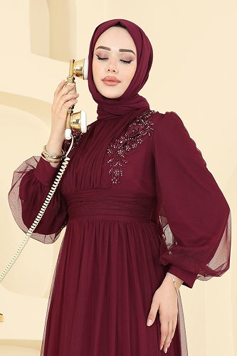 moda selvim Evening Dress 2820ELC1143 Burgundy - Thumbnail