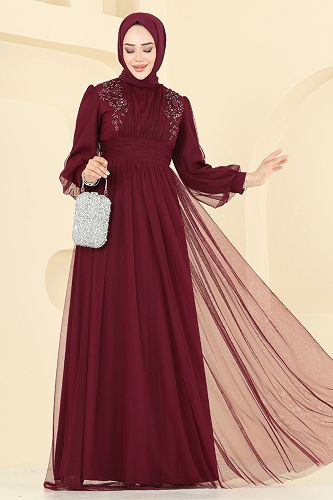 moda selvim Evening Dress 2820ELC1143 Burgundy - Thumbnail