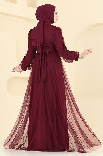 moda selvim Evening Dress 2820ELC1143 Burgundy - Thumbnail