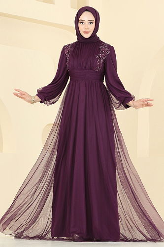 moda selvim Evening Dress 2820ELC1143 Damson - Thumbnail