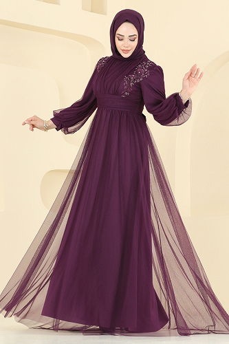 moda selvim Evening Dress 2820ELC1143 Damson - Thumbnail