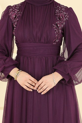 moda selvim Evening Dress 2820ELC1143 Damson - Thumbnail