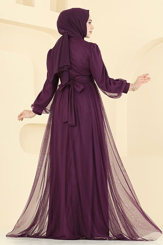 moda selvim Evening Dress 2820ELC1143 Damson - Thumbnail