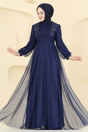 moda selvim Evening Dress 2820ELC1143 Navy Blue - Thumbnail