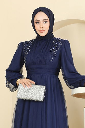 moda selvim فستان سهرة كحلي 2820ELC1143 - Thumbnail