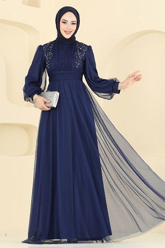 moda selvim فستان سهرة كحلي 2820ELC1143 - Thumbnail