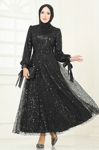 moda selvim فستان سهرة أسود 2822ELC1143 - Thumbnail