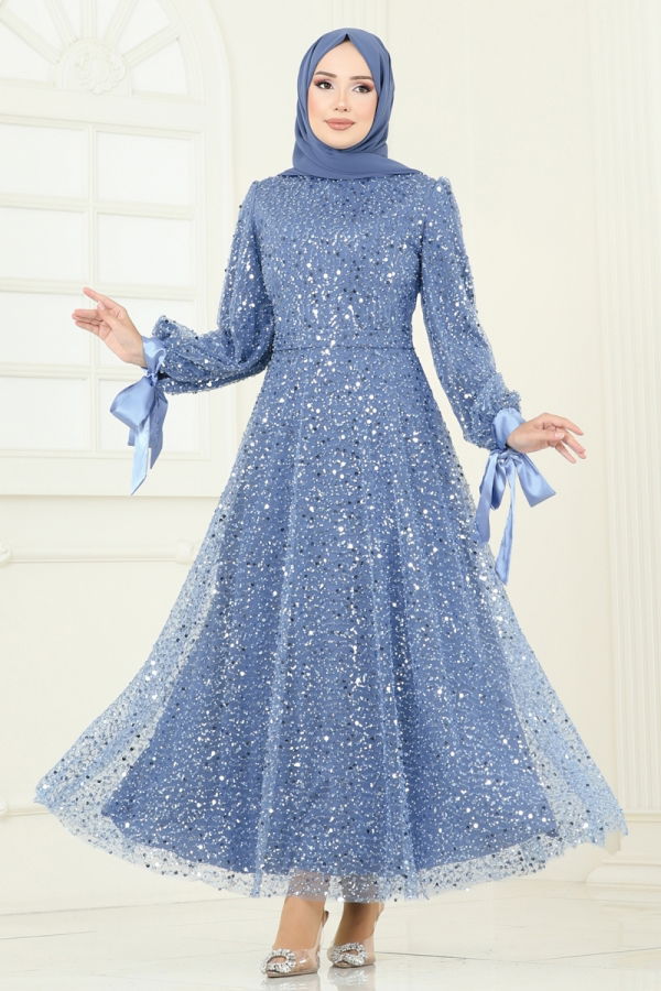 Modaselvim خصم صافٍ20%+20% في سلة التسوق فستان سهرة أزرق 2822ELC1143