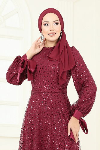 moda selvim Evening Dress 2822ELC1143 Burgundy - Thumbnail