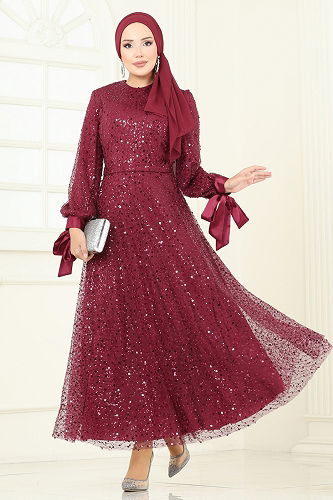 moda selvim فستان سهرة خمري 2822ELC1143 - Thumbnail