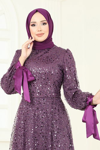 moda selvim Evening Dress 2822ELC1143 Damson - Thumbnail