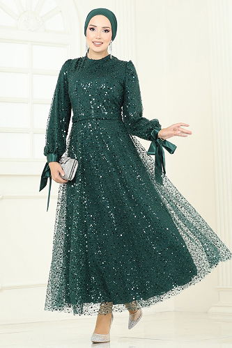 moda selvim فستان سهرة زيتي 2822ELC1143 - Thumbnail