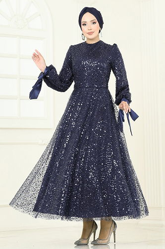 moda selvim Evening Dress 2822ELC1143 Navy Blue - Thumbnail