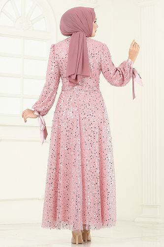 moda selvim فستان سهرة بيج وردي 2822ELC1143 - Thumbnail