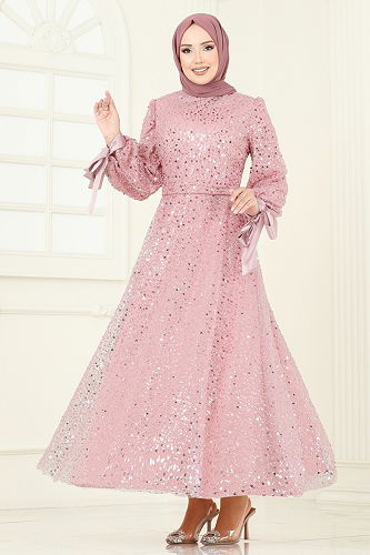 moda selvim فستان سهرة بيج وردي 2822ELC1143 - Thumbnail