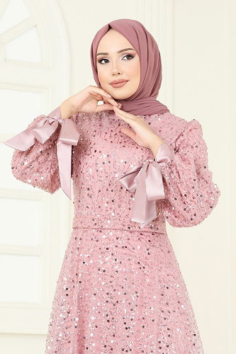 moda selvim فستان سهرة بيج وردي 2822ELC1143 - Thumbnail