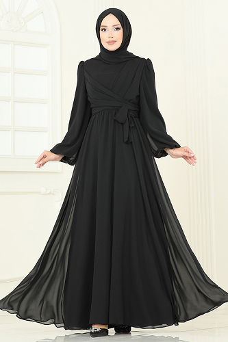 moda selvim فستان سهرة أسود 2823ELC1143 - Thumbnail