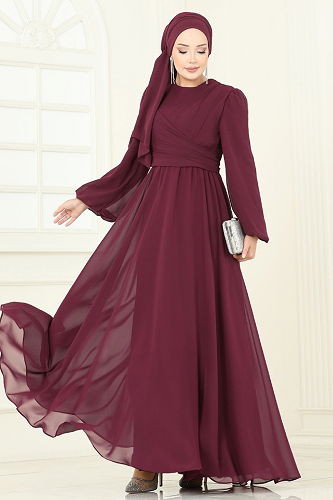 moda selvim Evening Dress 2823ELC1143 Burgundy - Thumbnail