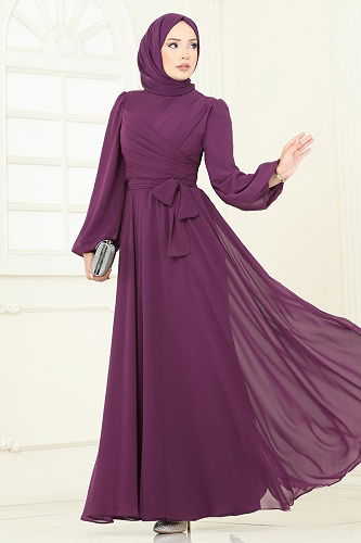 moda selvim Evening Dress 2823ELC1143 Damson - Thumbnail