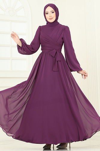 moda selvim Evening Dress 2823ELC1143 Damson - Thumbnail