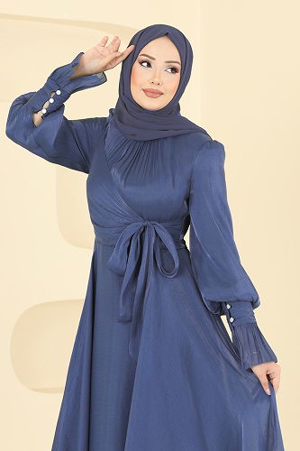 moda selvim فستان سهرة أزرق 2826ELC1143 - Thumbnail