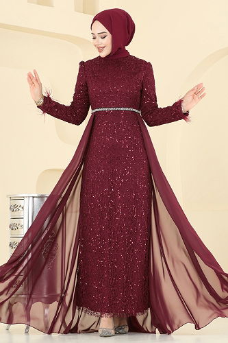 moda selvim فستان سهرة خمري 2830ELC1143 - Thumbnail