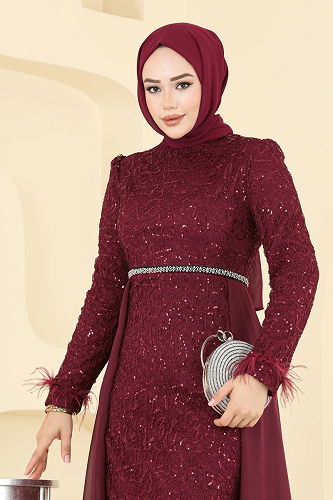moda selvim فستان سهرة خمري 2830ELC1143 - Thumbnail
