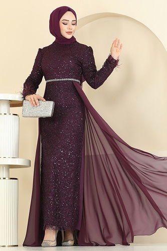 moda selvim Evening Dress 2830ELC1143 Damson - Thumbnail