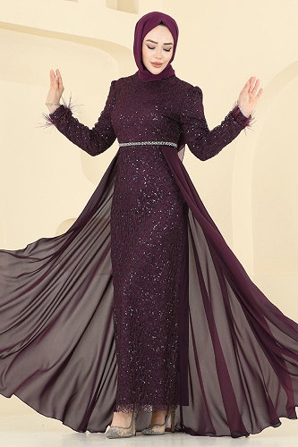 moda selvim Evening Dress 2830ELC1143 Damson - Thumbnail