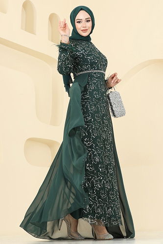 moda selvim فستان سهرة زيتي 2830ELC1143 - Thumbnail