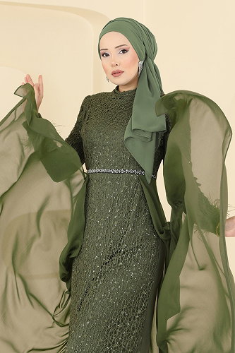 moda selvim فستان سهرة اخضر عفني 2830ELC1143 - Thumbnail