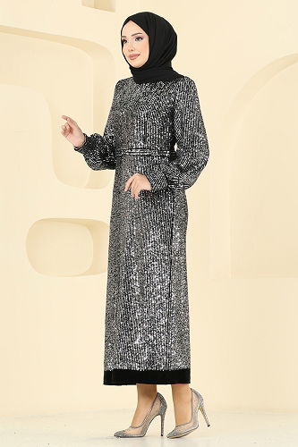 moda selvim Evening Dress 2834ELC1143 Silver & Black - Thumbnail