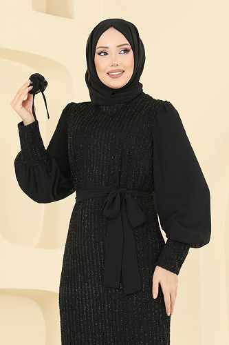 moda selvim فستان سهرة أسود 2841ELCK1161 - Thumbnail