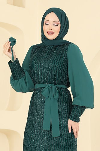 moda selvim فستان سهرة زيتي 2841ELCK1161 - Thumbnail