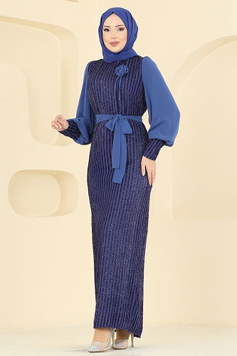 moda selvim فستان سهرة ازرق 2841ELCK1161 - Thumbnail