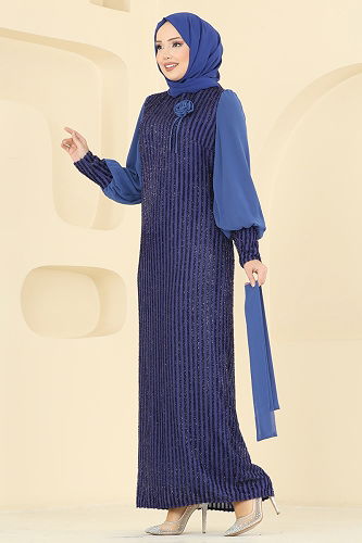 moda selvim فستان سهرة ازرق 2841ELCK1161 - Thumbnail