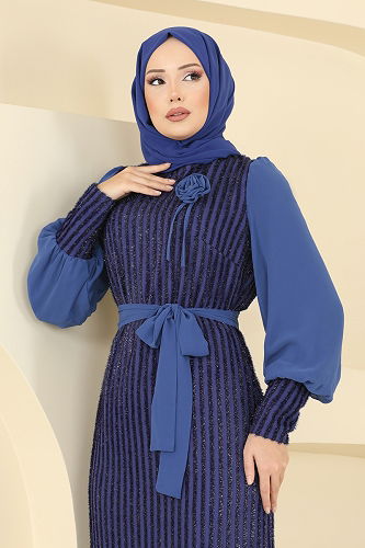 moda selvim فستان سهرة ازرق 2841ELCK1161 - Thumbnail