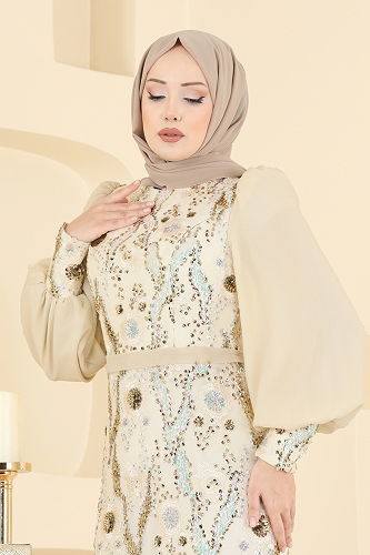 moda selvim فستان سهرة ذهبي 2847ELCK1161 - Thumbnail