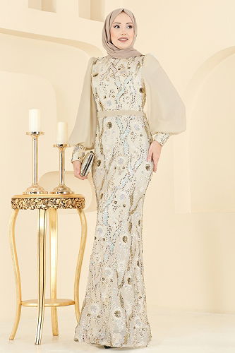 moda selvim فستان سهرة ذهبي 2847ELCK1161 - Thumbnail