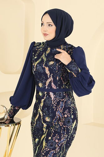 moda selvim Evening Dress 2847ELCK1161 Navy Blue - Thumbnail