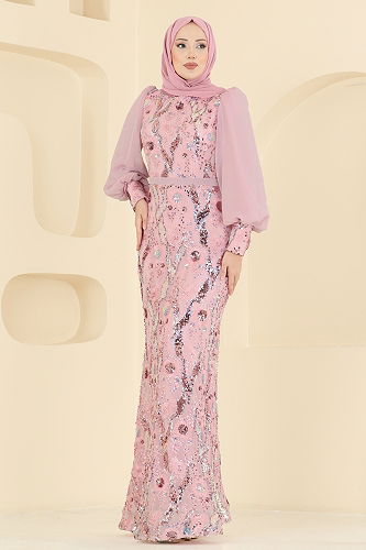 moda selvim فستان سهرة بيج وردي 2847ELCK1161 - Thumbnail