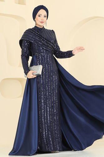 moda selvim Evening Dress 2848ELCK1161 Navy Blue - Thumbnail