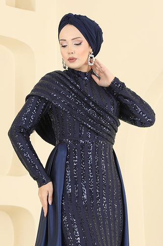 moda selvim فستان سهرة كحلي 2848ELCK1161 - Thumbnail