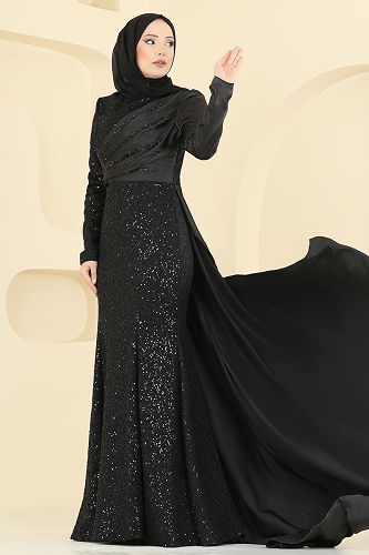 moda selvim فستان سهرة أسود 2849ELCK1161 - Thumbnail